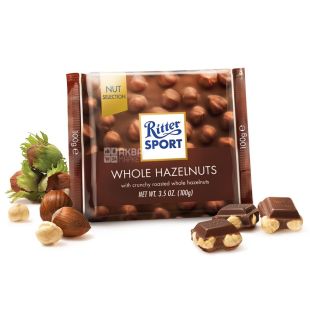 Ritter Sport, 100 г, Ритер Спорт, Молочный шоколад, с цельными лесными орехами