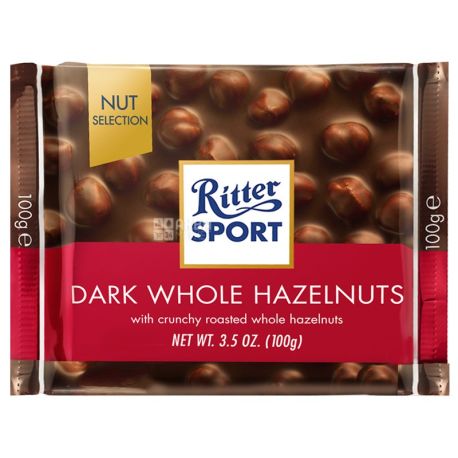 Ritter Sport, 100 г, чорний шоколад, з цільними лісовими горіхами