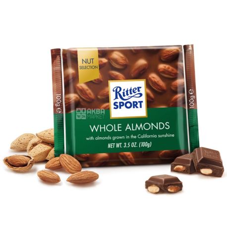 Ritter Sport, 100 г, Ритер Спорт, Молочный шоколад с цельными миндалем