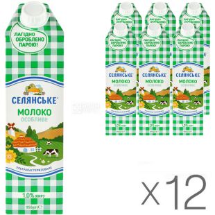 Селянське, Упаковка 12 шт. по 950 г, 1%, Молоко, Особливе, Ультрапастеризованное