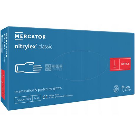 Mercator Classic, 100 шт., Размер L, Меркатор, Перчатки нитриловые, нестерильные, неопудренные, синие