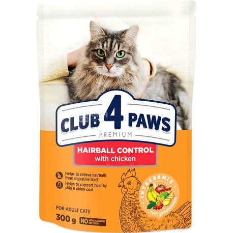Club 4 Paws, 300 г, Сухой корм для взрослых котов, Контроль выведения шерсти