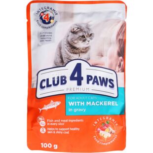Club 4 Paws, 100 г, Влажный корм для взрослых котов, с макрелью в соусе