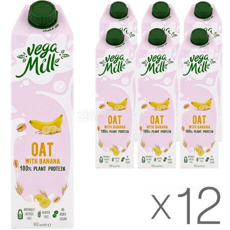 Vega Milk, Pack of 12. x 950 ml, Ultra-pasteurized oat drink with banana, 1.5%