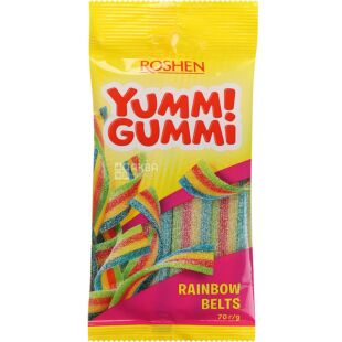 Roshen Yummi Gummi Rainbow Belts, 70 г, Желейні  Райдужні Ремінці з цукром Яммі Гаммі, Рошен