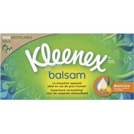 Kleenex Balsam, 64 шт., Салфетки косметические для ухода за слизистыми Клинекс, 3-х слойные, 20х20 см