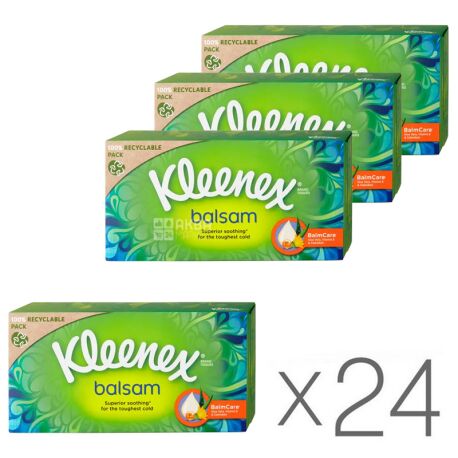 Kleenex Balsam, 24 упаковки х 64 шт., Салфетки косметические для ухода за слизистыми Клинекс, 3-х слойные, 20х20 см