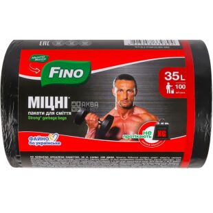 Fino, 100 шт., 35 л, Пакеты для мусора, без затяжек, крепкие, суперпрочные, черные