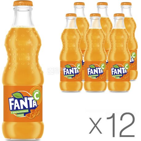 Fanta, Апельсин, Упаковка 12 шт. по 0,25 л, Фанта, Вода солодка, з натуральним соком, скло