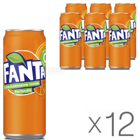 Fanta, Апельсин, Упаковка 12 шт. по 0,33 л, Фанта, Вода сладкая, с натуральным соком, ж/б