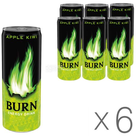 Burn Apple Kiwi, упаковка 6 шт. по 0,25 л, Напиток энергетический Берн Яблоко-Киви