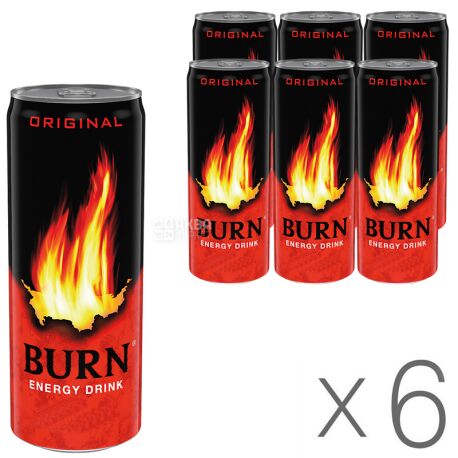 Burn Original, упаковка 6 шт. по 0,25 л, Напиток энергетический Бёрн Ориджинал