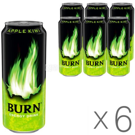 Burn Apple Kiwi, Упаковка 6 шт. по 0,5 л, Напиток энергетический Берн Яблоко-Киви