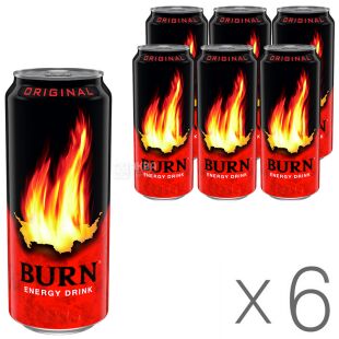 Burn Original, Упаковка 6 шт. по 0,5 л, Напиток энергетический Берн Ориджинал