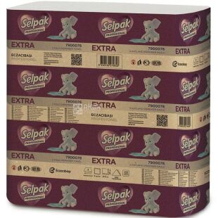 Selpak, Pro Extra, 200 листов, Бумажные полотенца Селпак, 2-х слойные, Z-сложения, белые, 210х240 мм