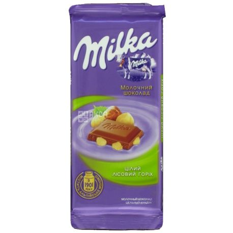 Milka, 90 г, молочний шоколад, з цільним лісовим горіхом