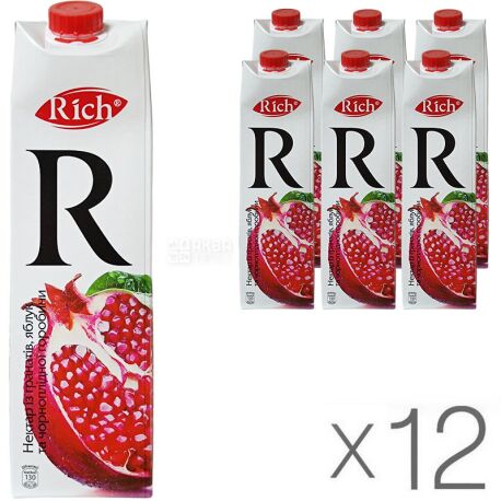 Rich, Упаковка 12 шт. х 1 л, Рич, Нектар  из гранат, яблок и черноплодной рябины, натуральный, осветленный