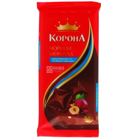 Корона, 90 г, шоколад черный, с изюмом и лесными орехами, 58% какао