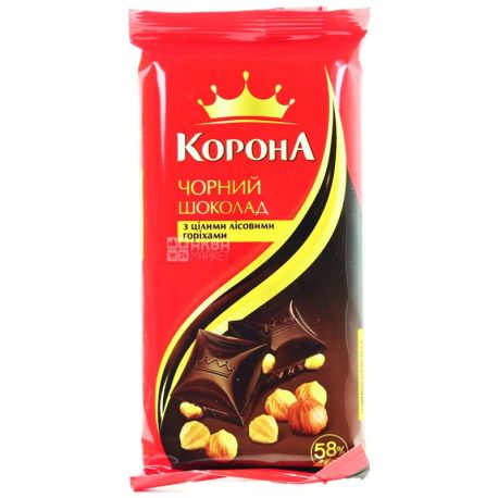Корона, 90 г, черный шоколад, с лесными орехами, 58% какао