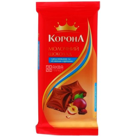 Crown, 90 g, milk chocolate, with raisins and hazelnuts, 58% cocoa