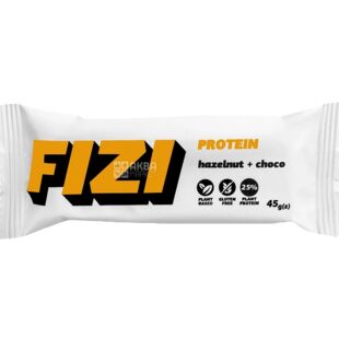 Fizi Hazelnut Choco, 45 г, Протеїновий батончик Фізі Фундук та шоколад, без глютену