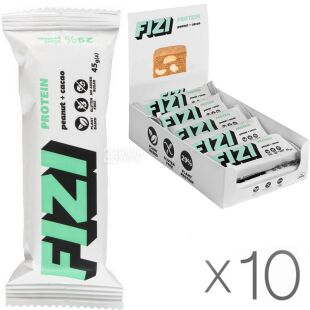 Fizi Peanut cacao, Упаковка 10 шт. х 45 г, Фізі, Протеїновий батончик Арахіс Какао, без глютену