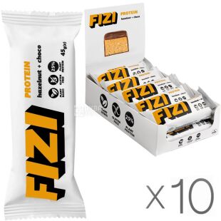 Fizi Hazelnut Choco, упаковка 10 шт. х 45 г, Протеиновый батончик Физи Фундук и шоколад, без глютена