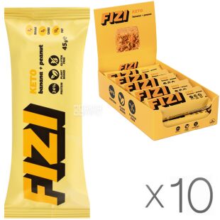 Fizi Keto Banana peanut, Упаковка 10 шт. х 45 г, Физи, Батончик протеиновый Банан Арахис, без глютена