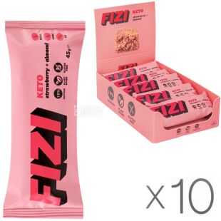 Fizi Keto Strawberry Almond, Упаковка 10 шт. х 45 г, Физи, Батончик протеиновый Клубника Миндаль, без глютена