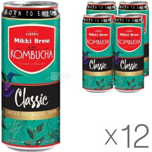 Mikki Brew Classic, упаковка 12 шт. х 330 мл, Комбуча Микки Брю, классическая, ж/б