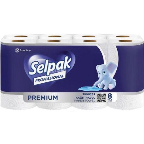Selpak Professional Premium, 8 рул., Полотенца бумажные Селпак Премиум, 3-х слойные, белые, 10,5 м, 80 листов, 131х218 мм