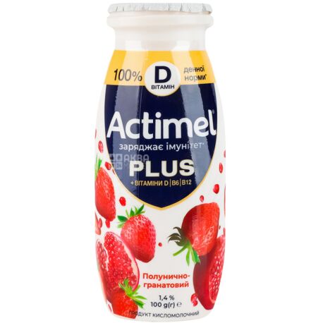 Actimel Plus, 100 г, Продукт кисломолочный клубнично-гранатовый, 1,4%