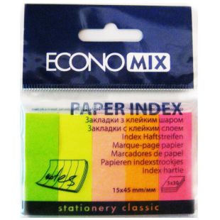 Economix, 150 шт. по 30 л., 15х45 мм, индексы, Бумажные, 5 цветов, Неон, м/у