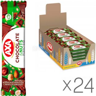 AXA, 25 г, Упаковка 24 шт., Батончик зерновой Акса с молочным шоколадом и орехами
