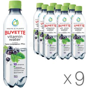 Buvette Vitamin Water, Упаковка 9 шт. х 0,5 л, Напій негазований соковий чорна Смородина та М'ята Бювет, ПЕТ