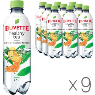 Buvette Healthy Tea, Упаковка 9 шт. х 0,5л, Напиток негазированный со вкусом белого чая, Абрикоса и Танжерина Бювет, ПЭТ