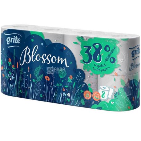 Grite Blossom, 8 рул., Туалетний папір Грите Блоссом, 3-х шаровий, 145 відривів