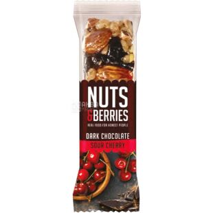 Nuts&Berries, Dark Chocolate Sour Cherry, 40 г, Батончик горіховий з вишнею та чорним шоколадом, органічний