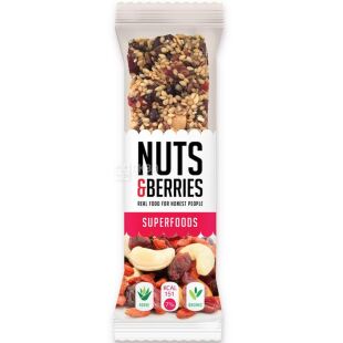 Nuts&Berries, Superfoods, 40 г, Батончик ореховый с чиа, какао бобами и ягодами, органический