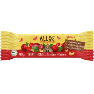 Allos, 40 г, Аллос, Батончик с клюквой и кешью, органический