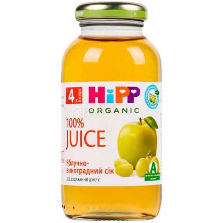 HiPP, Apple-Grape, 200 мл, Хіпп, Сік Яблучно-виноградний, з 4-х місяців, без додавання цукру, скло