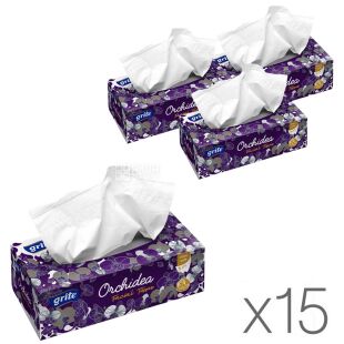 Grite Orchidea, Упаковка 15 шт. х 100 шт., Салфетки косметические Грите Орхидея, 3-х слойные
