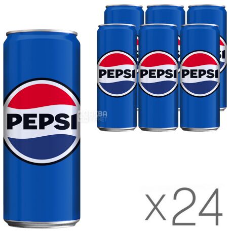 Pepsi-Cola, Упаковка 24 шт. по 0,33 л, Пепси-Кола, Классическая, Вода сладкая, ж/б
