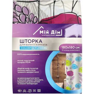 Мой дом Colorful flowers, Шторка для ванной, водонепроницаемая на 12 колец, с принтом, 180х180 см 