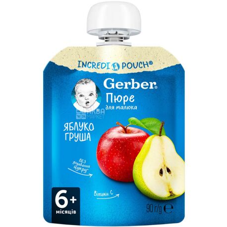 Gerber, 90 г, Гербер, Пюре фруктове дитяче з 6-ти місяців, Яблуко-Груша