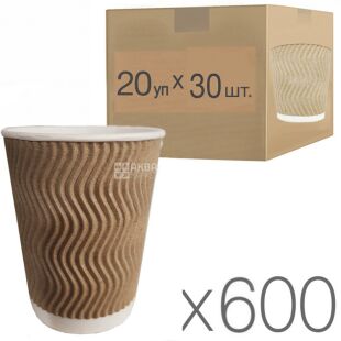 Стакан паперовий, гофрований, Упаковка 20 шт. х 30 шт, 350 мл, бурий, D90
