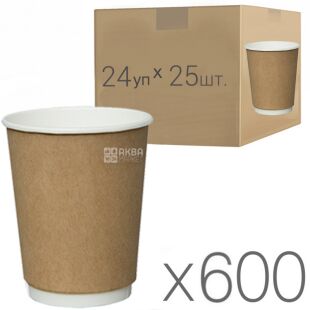 Стакан бумажный, двустенный, белый+крафт, 350 мл, Упаковка 24 шт. х 25 шт., D90 мм