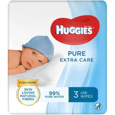 Huggies, Pure Extra Care, 3х56 шт., Хаггіс, Серветки вологі дитячі, без клапана