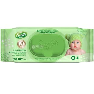 Smile Baby, 72 шт., Смайл Бебі, Серветки вологі з екстрактом ромашки і алое, для дітей, з клапаном