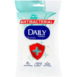 Daily Fresh,15 шт., Дейлі Фреш, Серветки вологі антибактеріальні, кишенькові